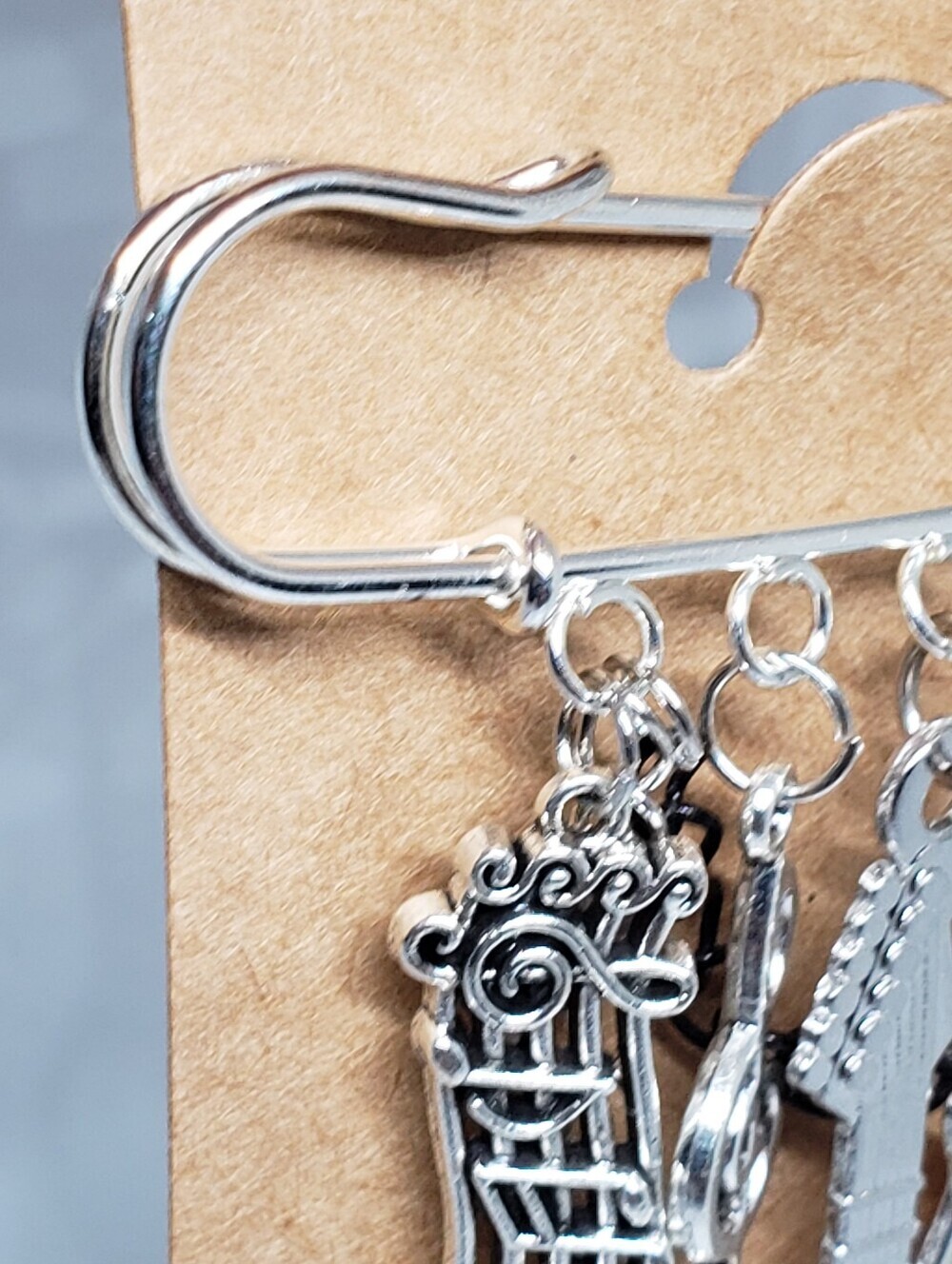 Handmade Black Silver Guitar Music Charm Safety Pin Brooch - Picture 2 of 5
